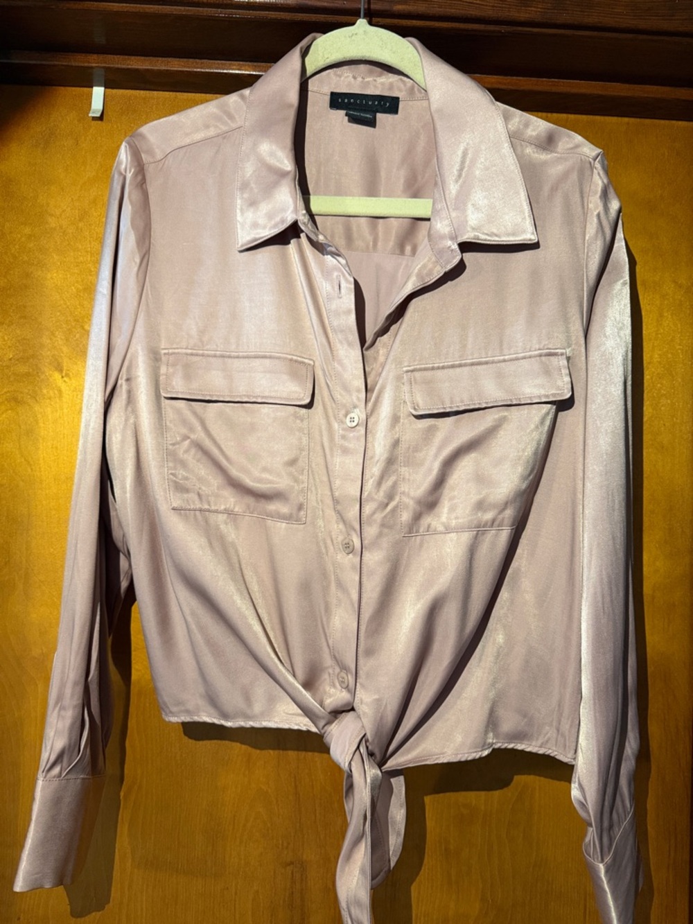 Sanctuary Light Pink/Blush Satin Cropped Tie Front Shirt - XL